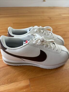 Nike White Leather Cortez Sneakers with Dark Brown Swoosh